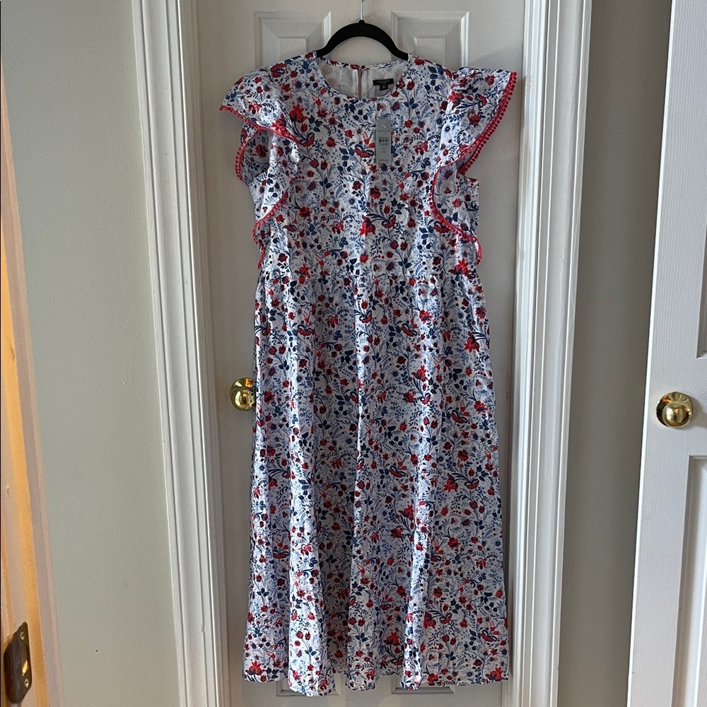 Ann Taylor Red and Blue Floral Dress with Ruffle Sleeves